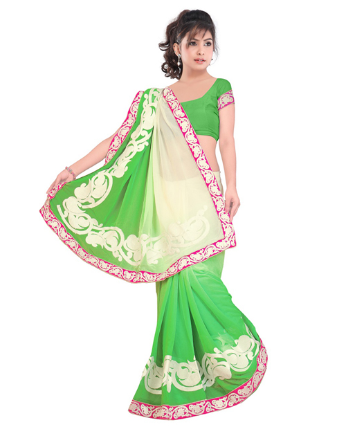 Fancy Designer Green And White Shaded Saree